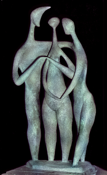 Three figures: coloured plaster